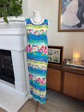 Sleeveless Floral Stripe Maxi Dress - Blue Multi
